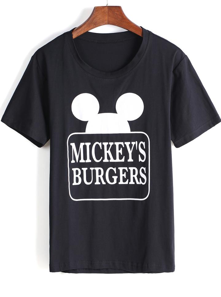 Romwe Mickey Letters Print Loose T-shirt