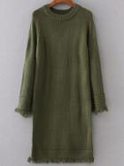 Romwe Green Raglan Sleeve Fringe Trim Sweater Dress