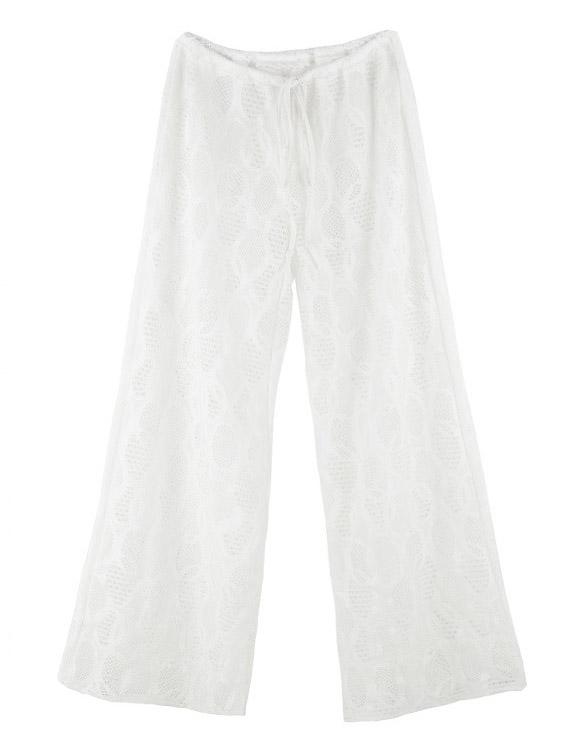 Romwe Elastic Waist Drawstring Wide Leg Sheer White Pant