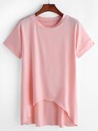Romwe Pink Short Sleeve Dip Hem T-shirt