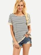 Romwe Beige Black Stripe Lace Dip Hem T-shirt