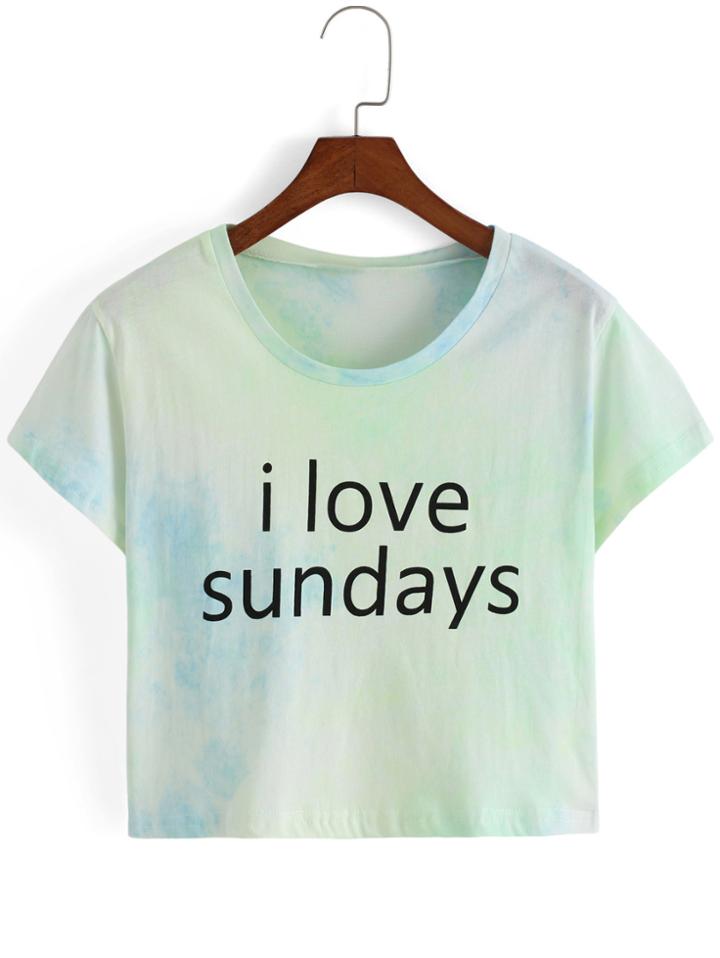 Romwe Letter Print Tie-dye Crop T-shirt