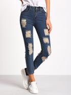 Romwe Navy Ripped Pockets Denim Pant