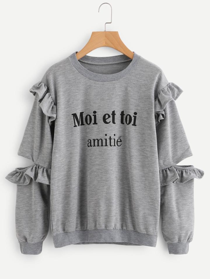 Romwe Cut Out Frill Sleeve Letter Print Sweatshirt