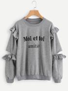 Romwe Cut Out Frill Sleeve Letter Print Sweatshirt