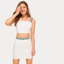 Romwe Rainbow Stripe Panel Cami Top With Skirt