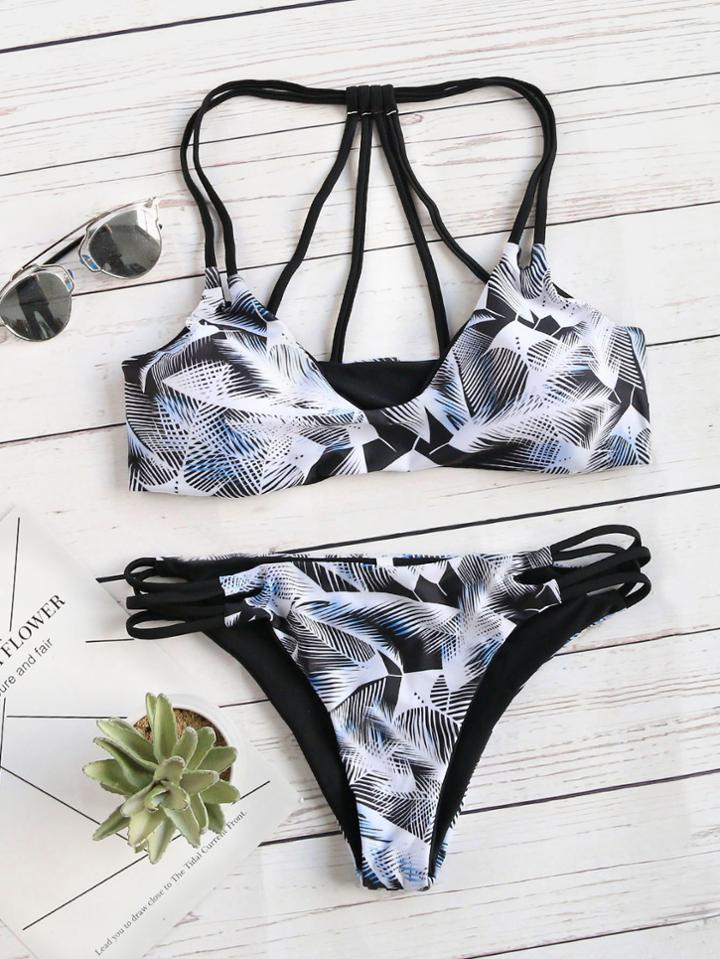 Romwe Black Printed Strappy Back Bikini Set