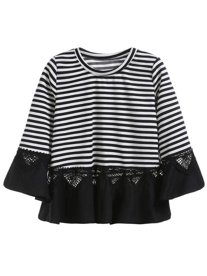 Romwe Striped Contrast Lace Insert Ruffle T-shirt