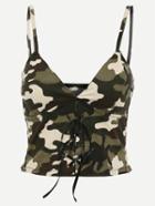 Romwe Olive Green Camo Print Lace-up Shirred Cami Top