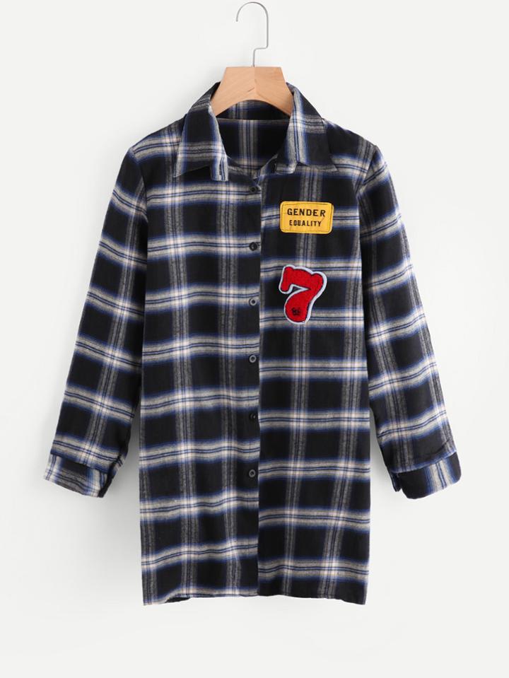 Romwe Checked Patch Detail Long Shirt