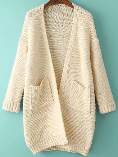 Romwe With Pockets Knit Beige Cardigan
