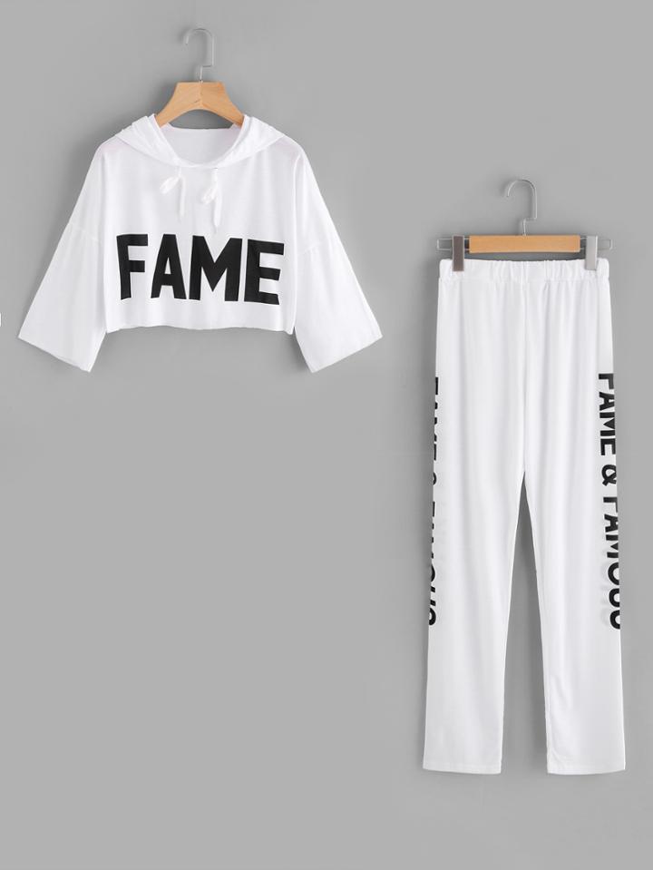 Romwe Letter Print Crop Hoodie And Pants Set