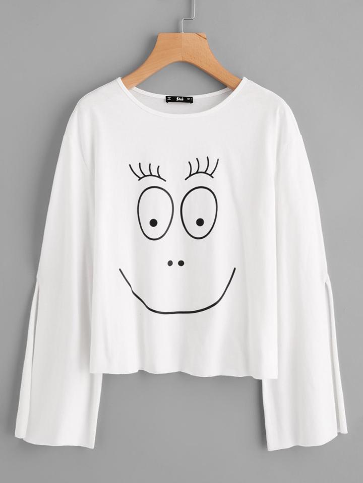 Romwe Cartoon Print Slit Sleeve Tee