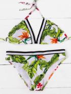 Romwe Jungle Print Striped Detail Triangle Bikini Set