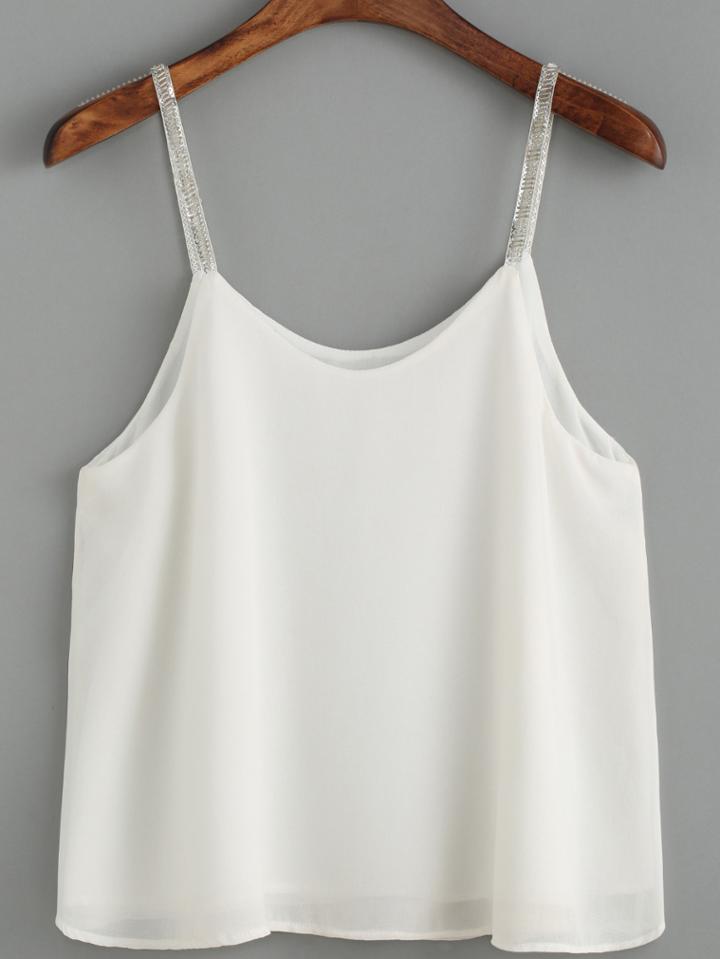 Romwe Spaghetti Strap Bead Chiffon White Cami Top