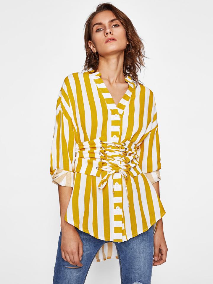 Romwe V Neckline Eyelet Lace Up Corset Striped Blouse