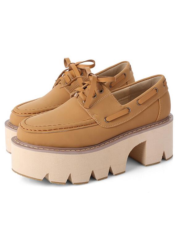 Romwe Brown Round Toe Lace Up Heavy-bottomed Flats