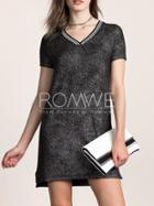 Romwe Black Short Sleeve V Neck Glitter Dress