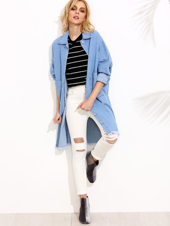 Romwe Blue Drop Shoulder Dual Pocket Front Frayed Denim Coat