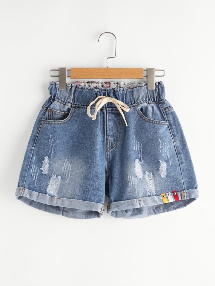 Romwe Distress Drawstring Waist Cuffed Denim Shorts