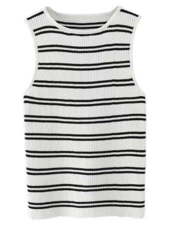 Romwe White Round Neck Stripe Knitted Tank Top