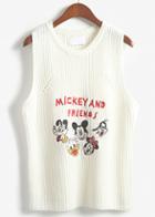 Romwe Mickey Print Sleeveless Knit White Vest