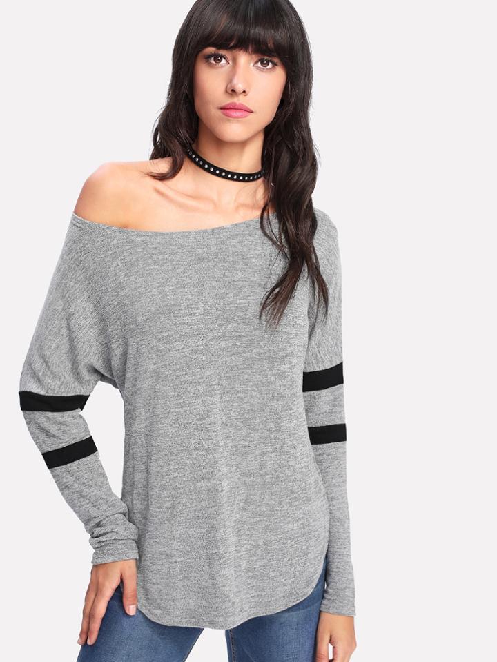 Romwe Curved Hem Varsity Striped Panel Tee