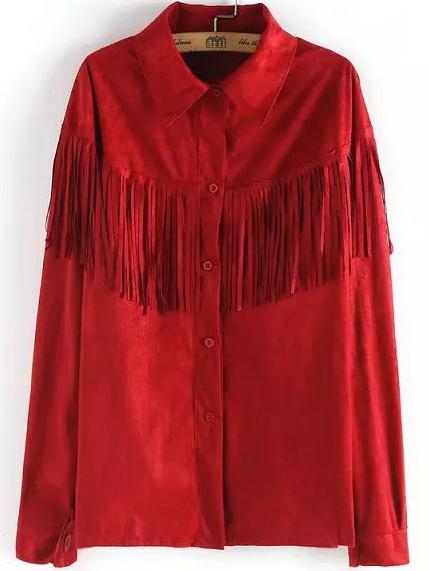 Romwe Lapel Tassel Loose Burgundy Blouse