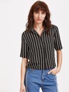 Romwe Black Striped Short Sleeve Shirt