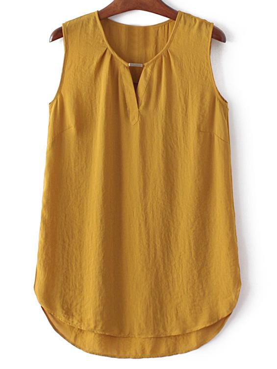 Romwe Yellow Sleeveless Split Side Chiffon Blouse