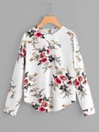 Romwe Flower Print Keyhole Back Curve Hem Blouse