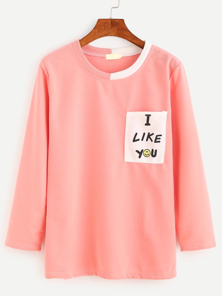 Romwe Pink Contrast Neck Letter Print Pocket T-shirt