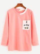Romwe Pink Contrast Neck Letter Print Pocket T-shirt