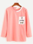 Romwe Pink Contrast Neck Letter Print Pocket T-shirt