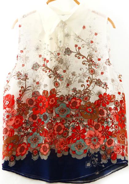 Romwe Lapel Sleeveless Florals Chiffon Blouse