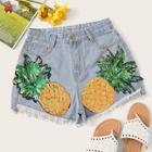 Romwe Contrast Pineapple Sequin Raw Hem Denim Shorts