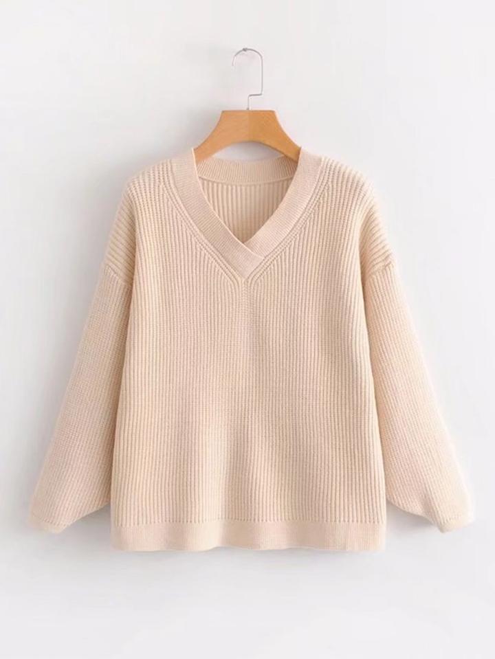 Romwe Rib Knit V Neck Sweater