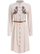 Romwe Stand Collar Flower Embroidered Belt Dress