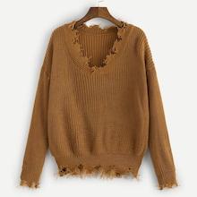 Romwe Raw Hem V Neck Jumper