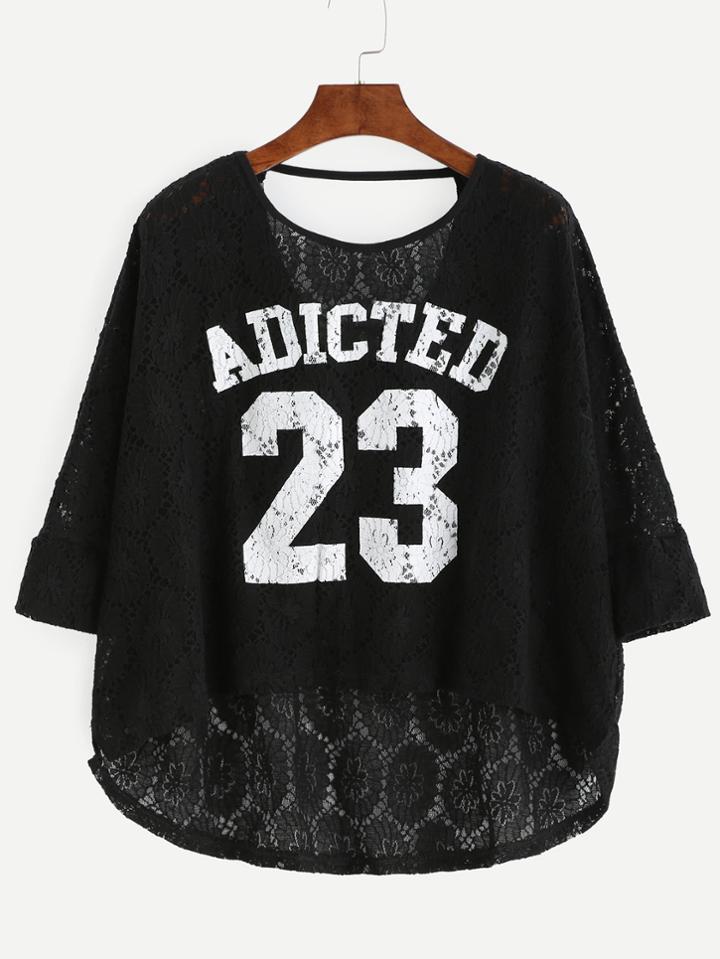 Romwe Black Number Print Dip Hem Cut Out Lace Top