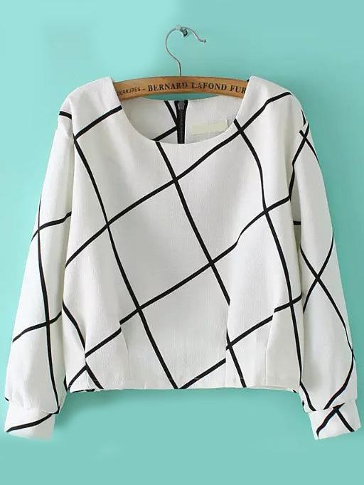 Romwe Round Neck Plaid Zipper White Blouse
