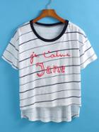 Romwe Striped Letters Print Dip Hem T-shirt