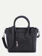 Romwe Black Pu Front Zipper Handbag With Strap