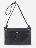 Romwe Black Zip Front Pebbled Clutch Bag With Strap