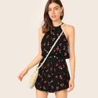 Romwe Cherry Print Tie Back Halterneck Wide Leg Romper