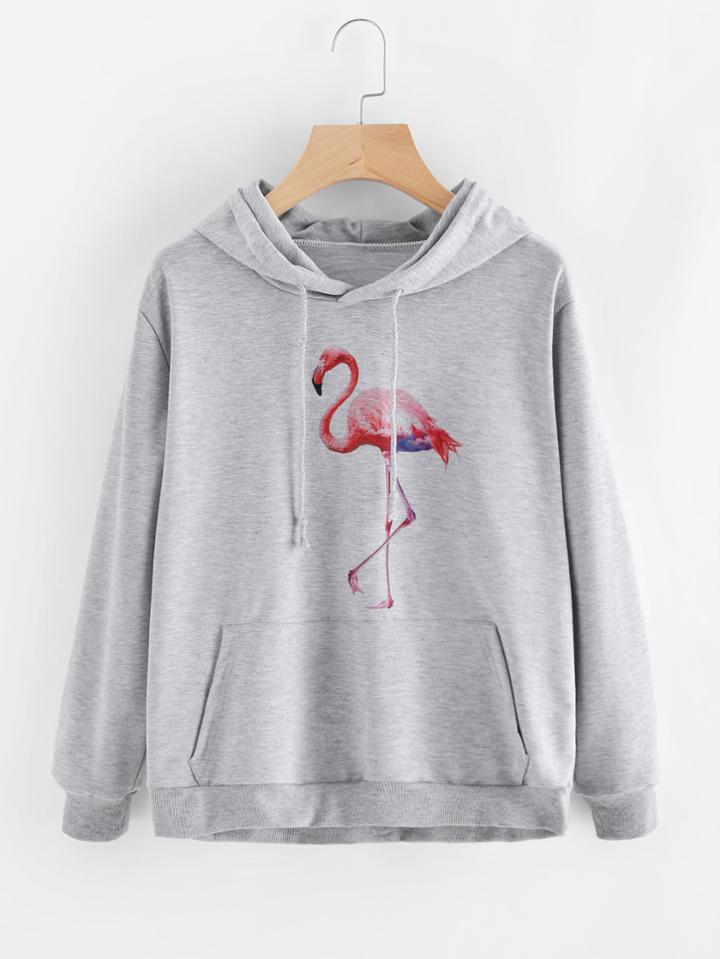 Romwe Flamingo Print Kangaroo Pocket Marled Hoodie