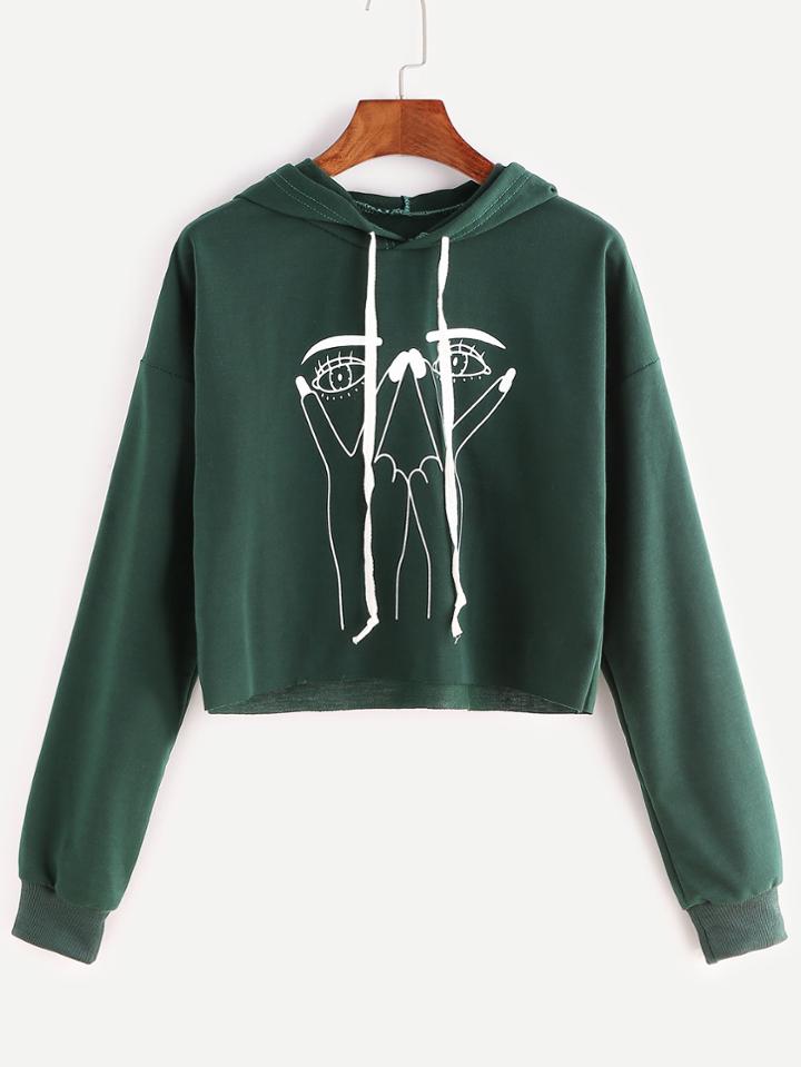 Romwe Dark Green Printed Drawstring Hooded Crop Sweatshirt