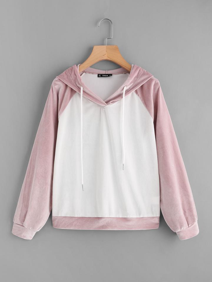 Romwe Contrast Raglan Sleeve Velvet Hoodie
