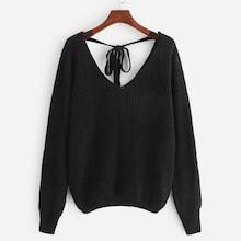 Romwe Knot Back V Neck Solid Sweater