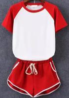 Romwe Color-block Short Sleeve Top With Elastic Waist Red Shorts